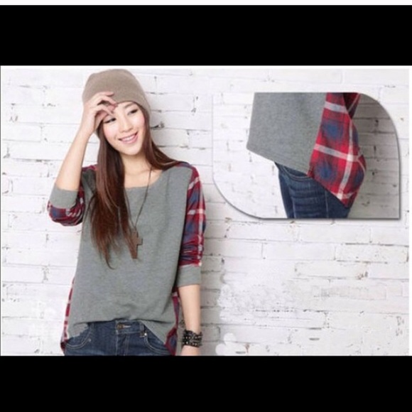 Red and Gray Flannel Back Long Sleeve Top. - Picture 2 of 7